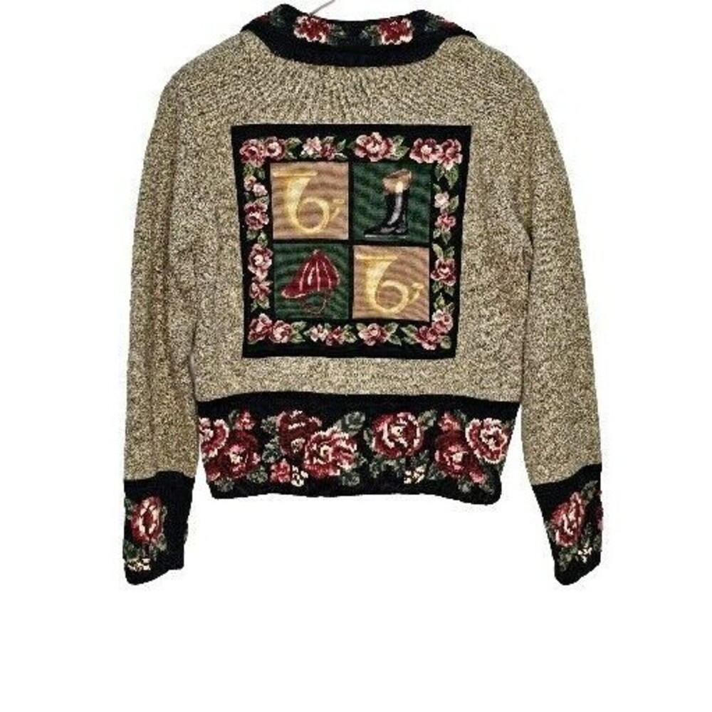 Eagles Eye Vintage Embroidered Equestrian Novelty Sweater Grandma Cottagecore S